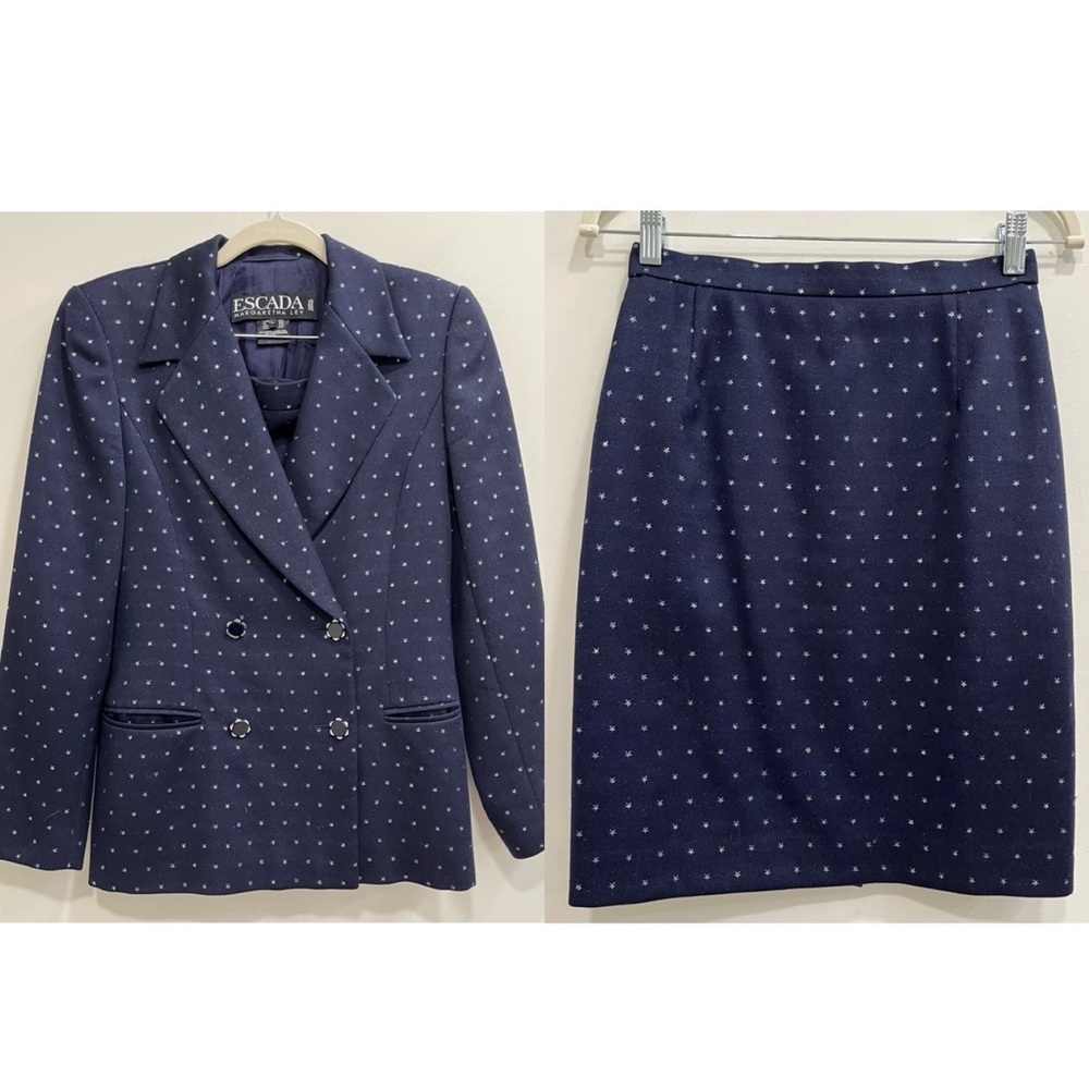 Escada navy blue double breasted wool skirt suit metallic silver star print - Picture 1 of 14